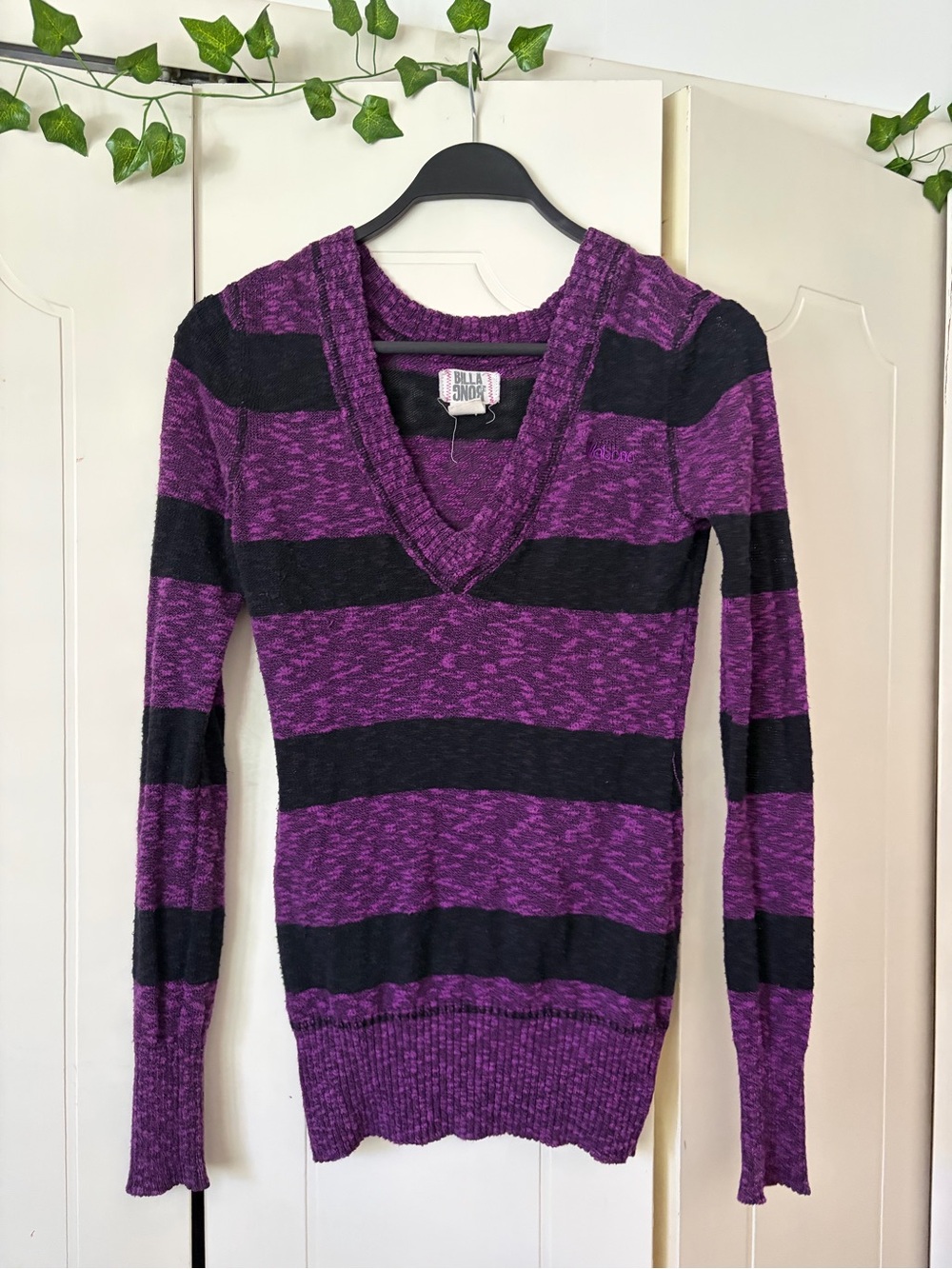 Billabong Purple & Black Striped V-Neck Sweater